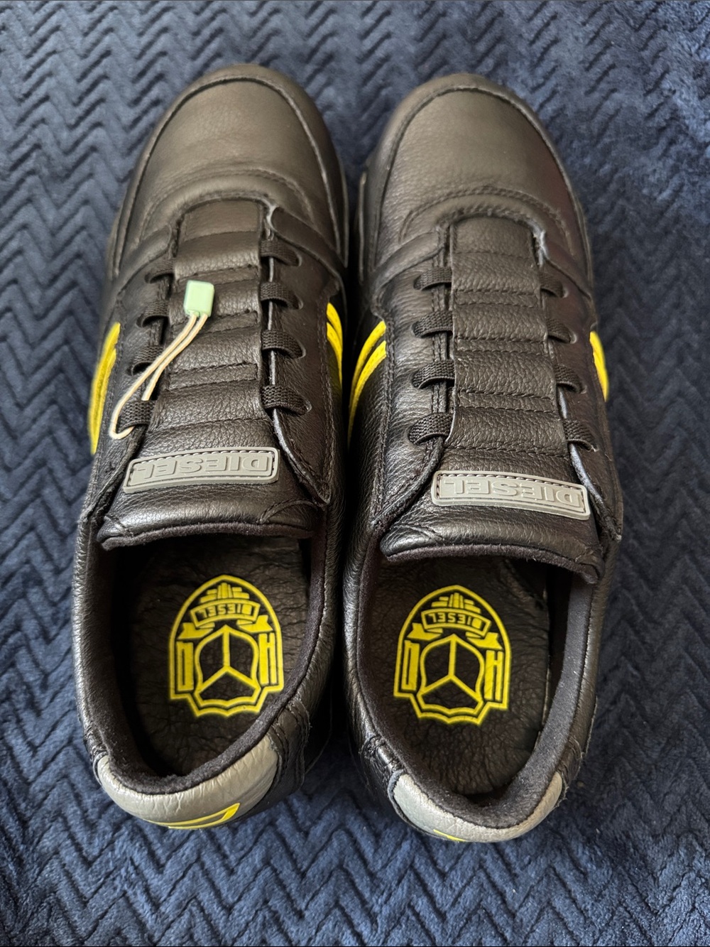 NWT, Diesel Men's Black Leather Sneakers with Yellow Accents